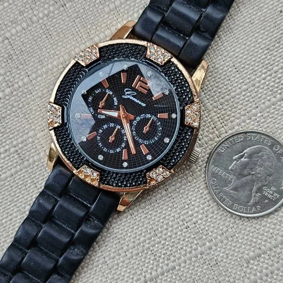 Geneva Fashion Wristwatch Quartz Analog Black Rubber Band Gold Tone Case Watch - Picture 6 of 11